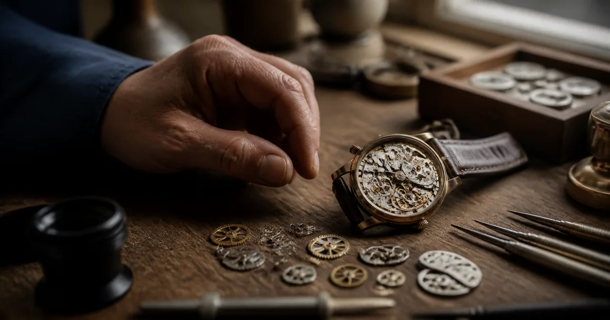 Watch mechanism being carefully rebuilt on a craftsperson's bench