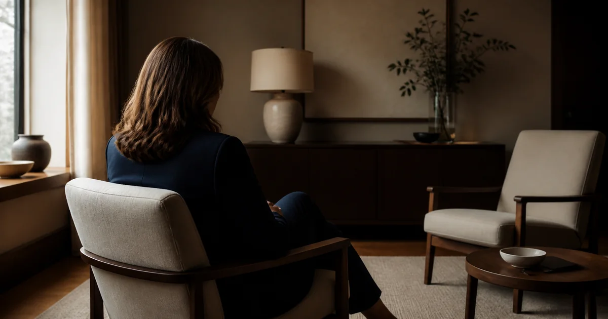 Woman C-suite leader sitting opposite an empty chair in a private room