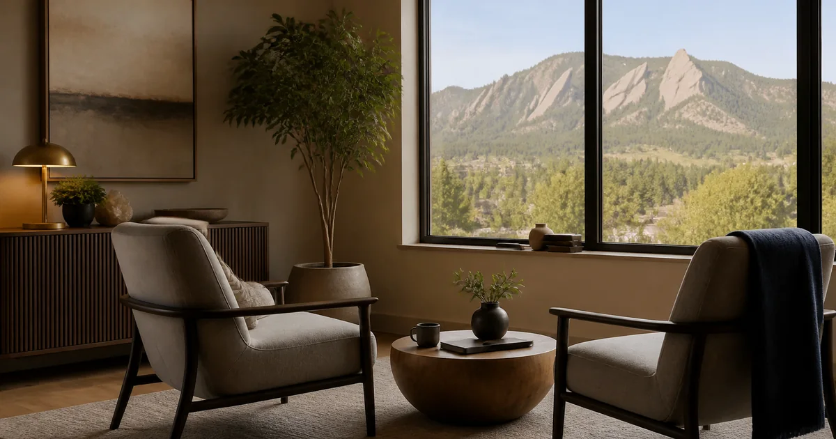 Two comfortable chairs in a Boulder office overlooking the Flatirons