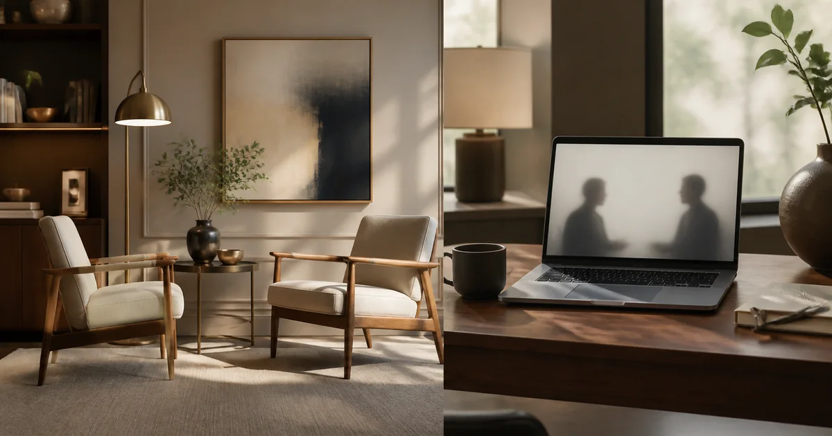 Office chairs and a laptop representing in-person and online counseling