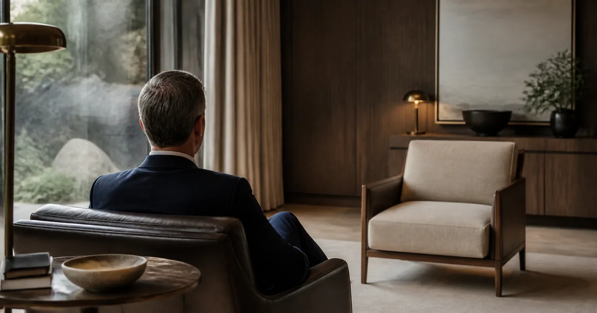 A man in an armchair looking out of a window, an empty chair facing him across the room