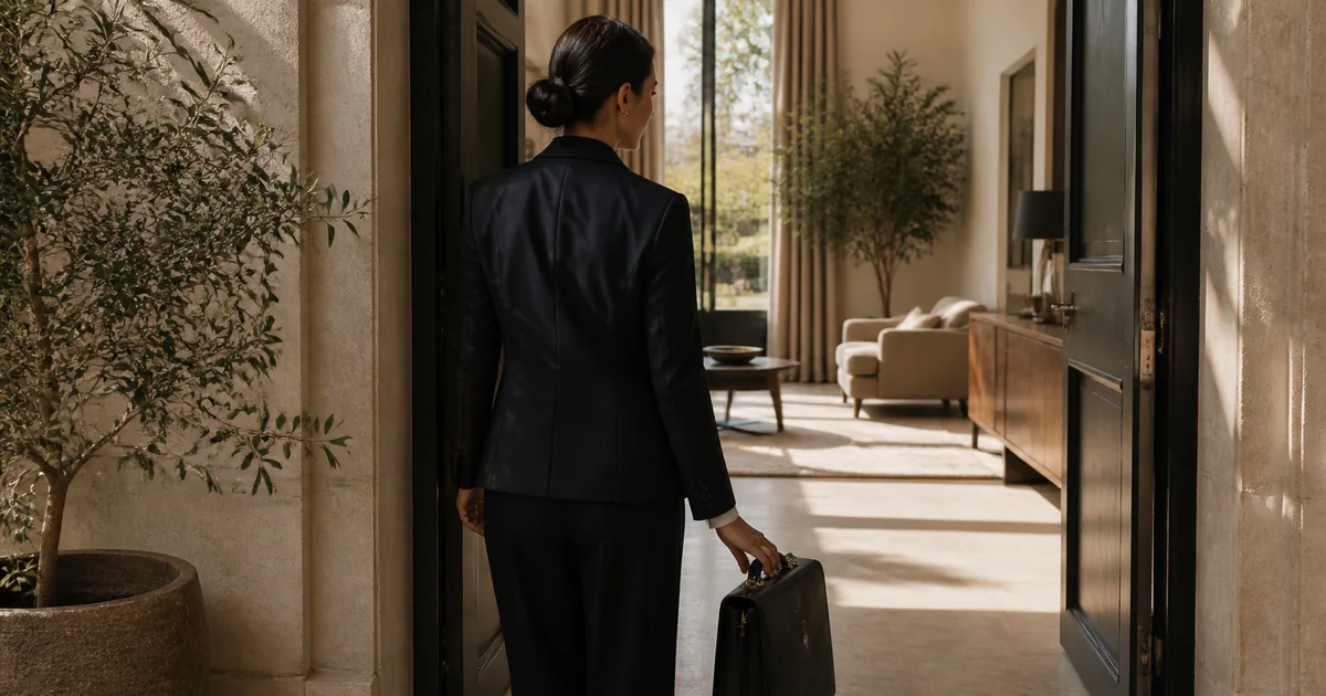 Woman executive setting down a briefcase before entering a quiet room