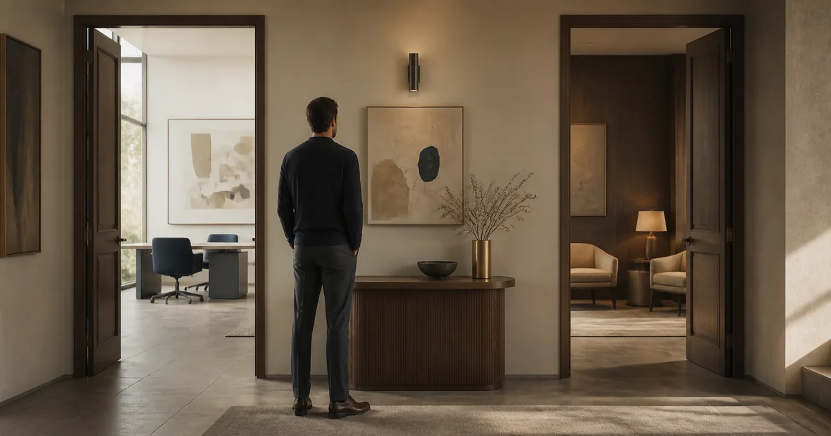 A man standing in a hallway between a boardroom and a quiet sitting room, deciding which door to take
